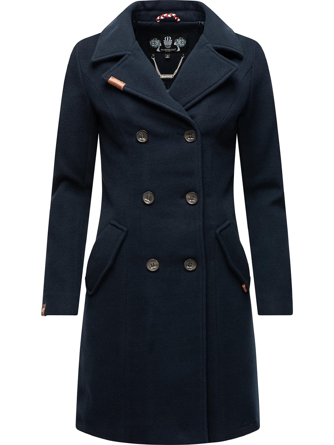 MARIKOO Damen Mantel in Wollmantel-Optik Langer Trenchcoat mit Reversekragen Nanakoo XS-5XL XS Navy,