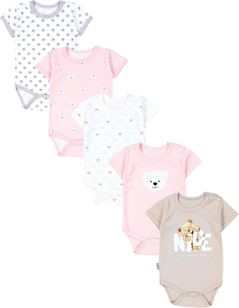 TupTam Mädchen Baby Body Kurzarm in Unifarben - 5er Pack 80 Bärchen Rosa Weiss Sterne Grau Nice Tedd