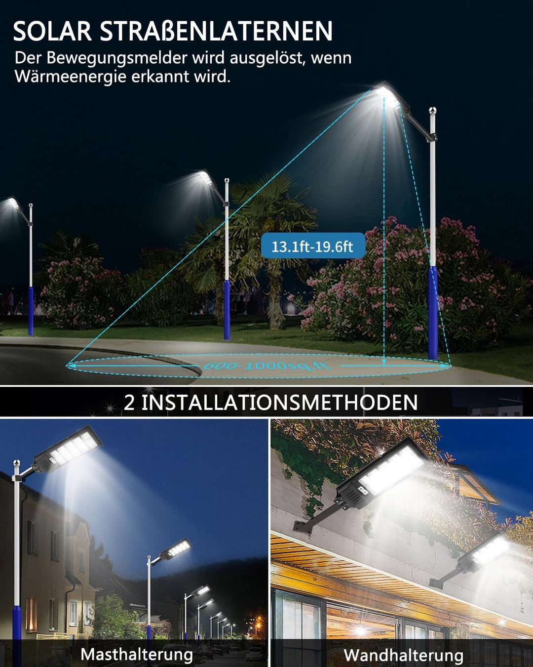 500W Solar Strassenlaterne, 6500K LED Strahler mit Bewegungsmelder Sensor, 4 Stück Solarlampen Stras