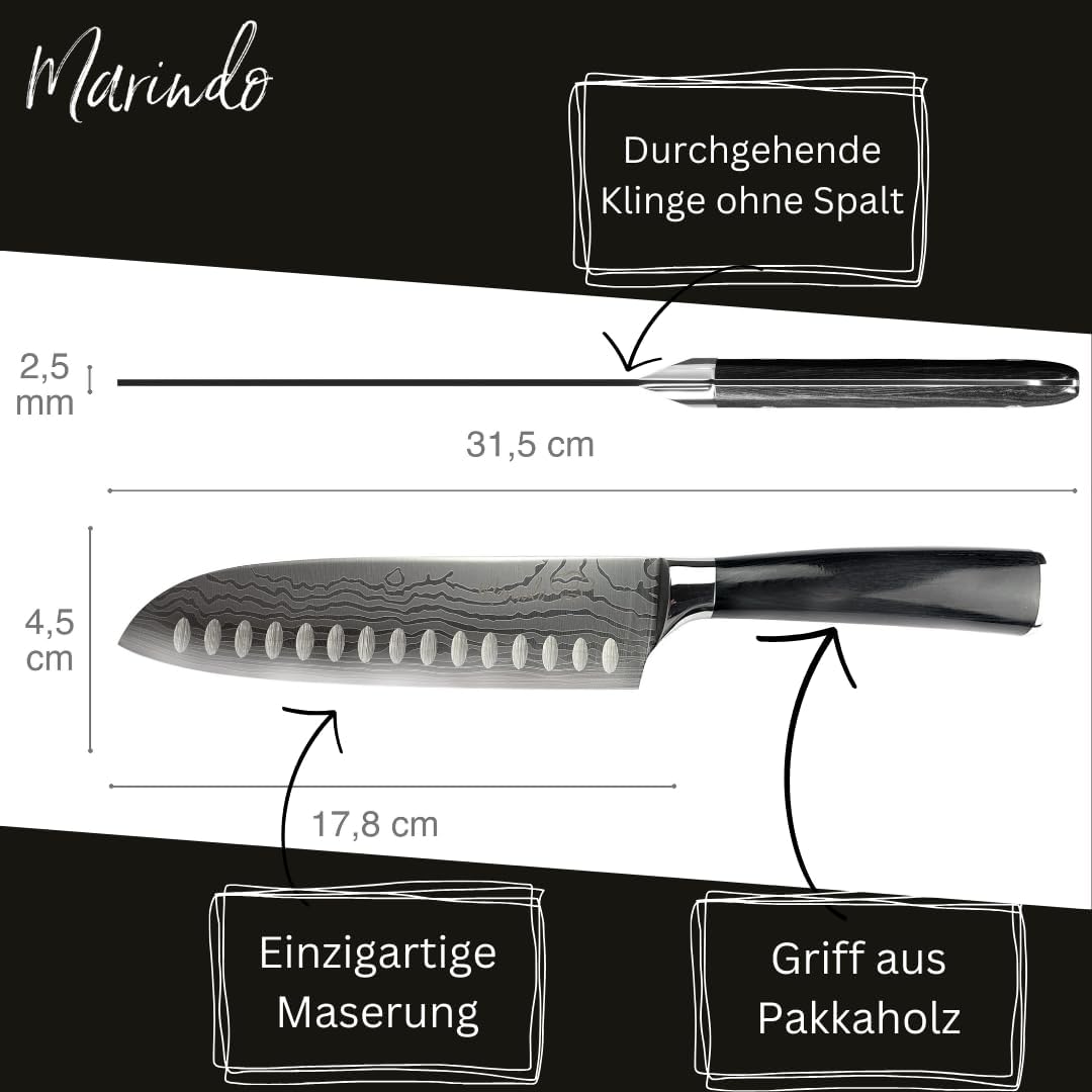 Marindo® Santoku Messer Edelstahl 17,8 cm Klinge | japanisches Küchenmesser mit Damastmesser Optik &