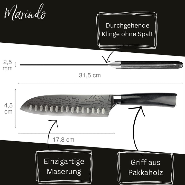 Marindo® Santoku Messer Edelstahl 17,8 cm Klinge | japanisches Küchenmesser mit Damastmesser Optik &