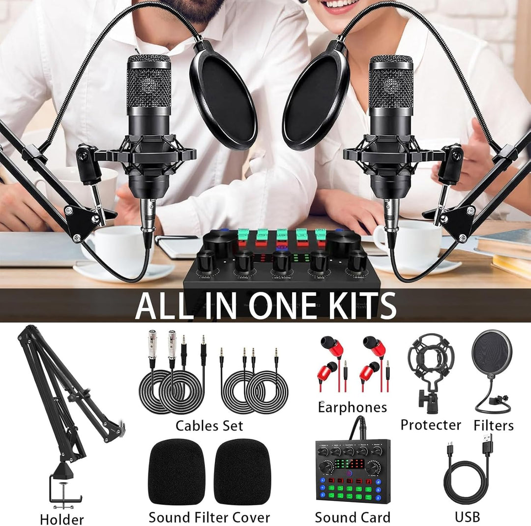 BM800 Podcast Komplettset für 2, Studio-Mikrofon mit Nierencharakteristik, Audio-Interface & DJ-Mixe