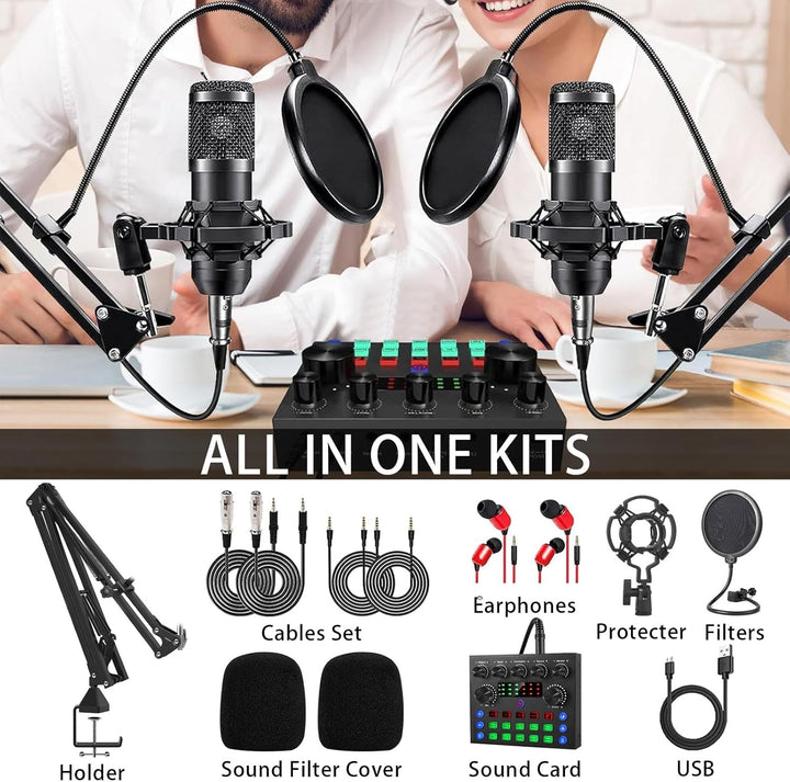 BM800 Podcast Komplettset für 2, Studio-Mikrofon mit Nierencharakteristik, Audio-Interface & DJ-Mixe