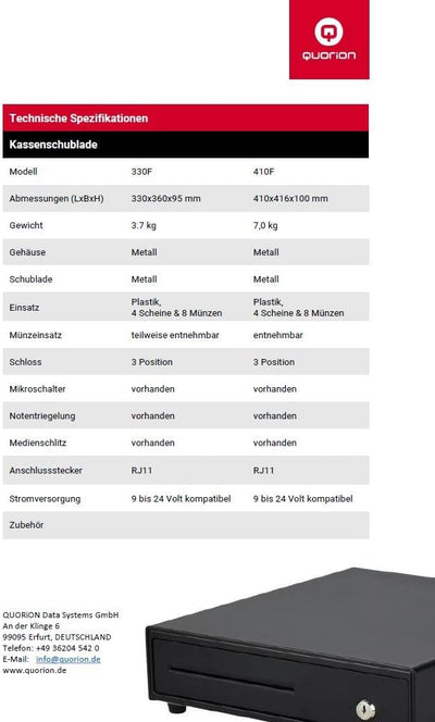 Kassenlade QUORION 410F für PC/POS Kassensysteme & Bondrucker mit 9 12 oder 24 V Anschluss RJ11 mit