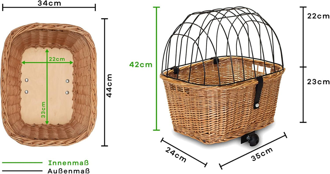 Tigana - Hundefahrradkorb für Gepäckträger aus Weide mit Gitter 44 x 34 cm Eckig Schwarz (S-S) (ohne