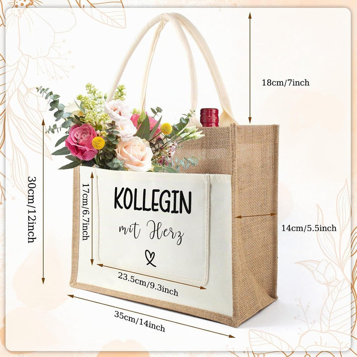 Jutetasche Kollege Geschenk Jute Shopper Bag, Jute Einkaufstasche mit Kollegin Herz, Jutebeutel als