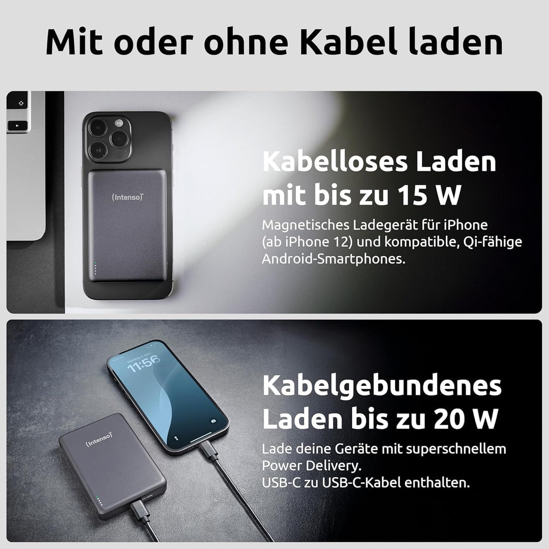 Intenso MW10000 Magnetische Powerbank 10000 mAh – MagSafe kompatibel, Wireless Charging 15W, USB-C P