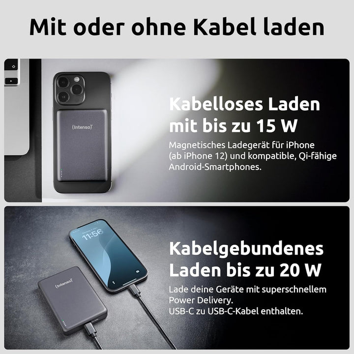 Intenso MW10000 Magnetische Powerbank 10000 mAh – MagSafe kompatibel, Wireless Charging 15W, USB-C P