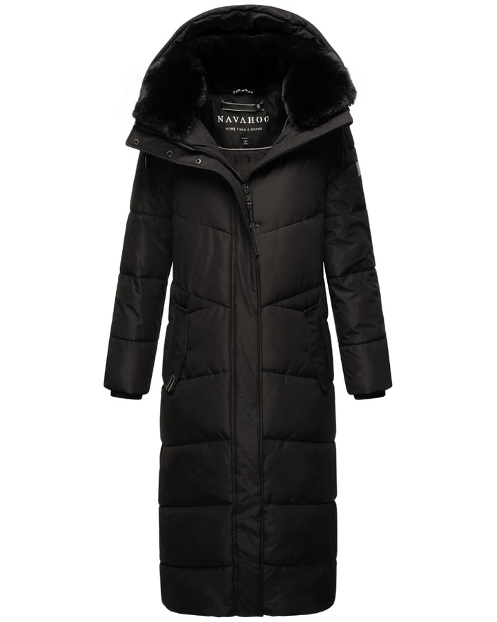 Navahoo Damen Wintermantel Steppmantel extralang mit Abnehmbarer Kapuze Hingucker XIV XS-XXL XS Schw
