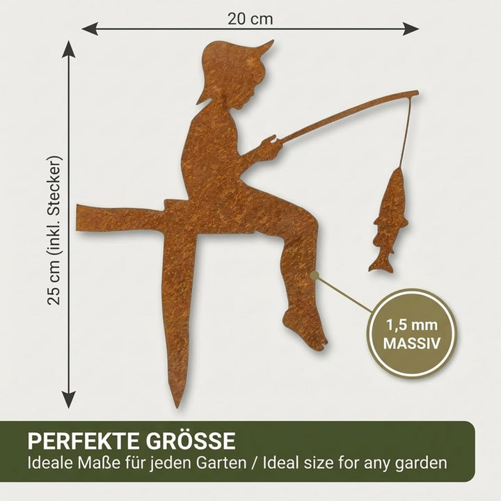 MM Steel Styles Edelrost Angler Gartenstecker-einfach einsteckbare Rostdeko aus hochwertigem Cortens