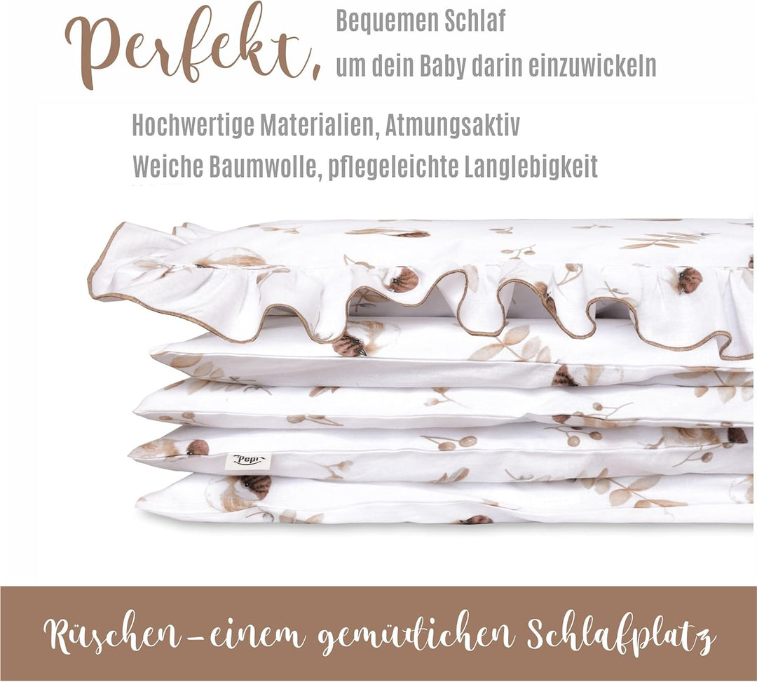 Pepi - Bettwäsche Weiss Rüschen - Kissen 30×40 und Bettdecke mit Füllung 75×100 - Musselin Bettwäsch