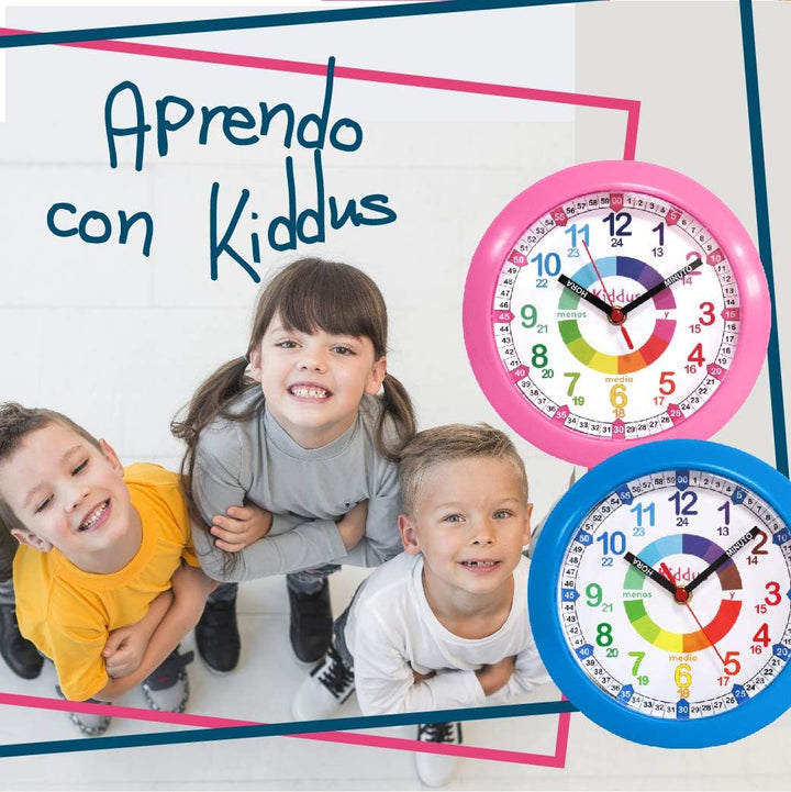 KIDDUS Wanduhr für Kinder. Analoger Zeitlehrer mit Zeitlernübungen. Stilles Uhr. Viele Sprachen. ESP
