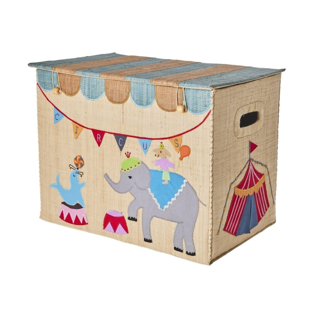 Grosse Raffia Aufbewahrungsbox für Kinder mit Zirkusmotiv, faltbar mit Deckel & Griffen | handgefert