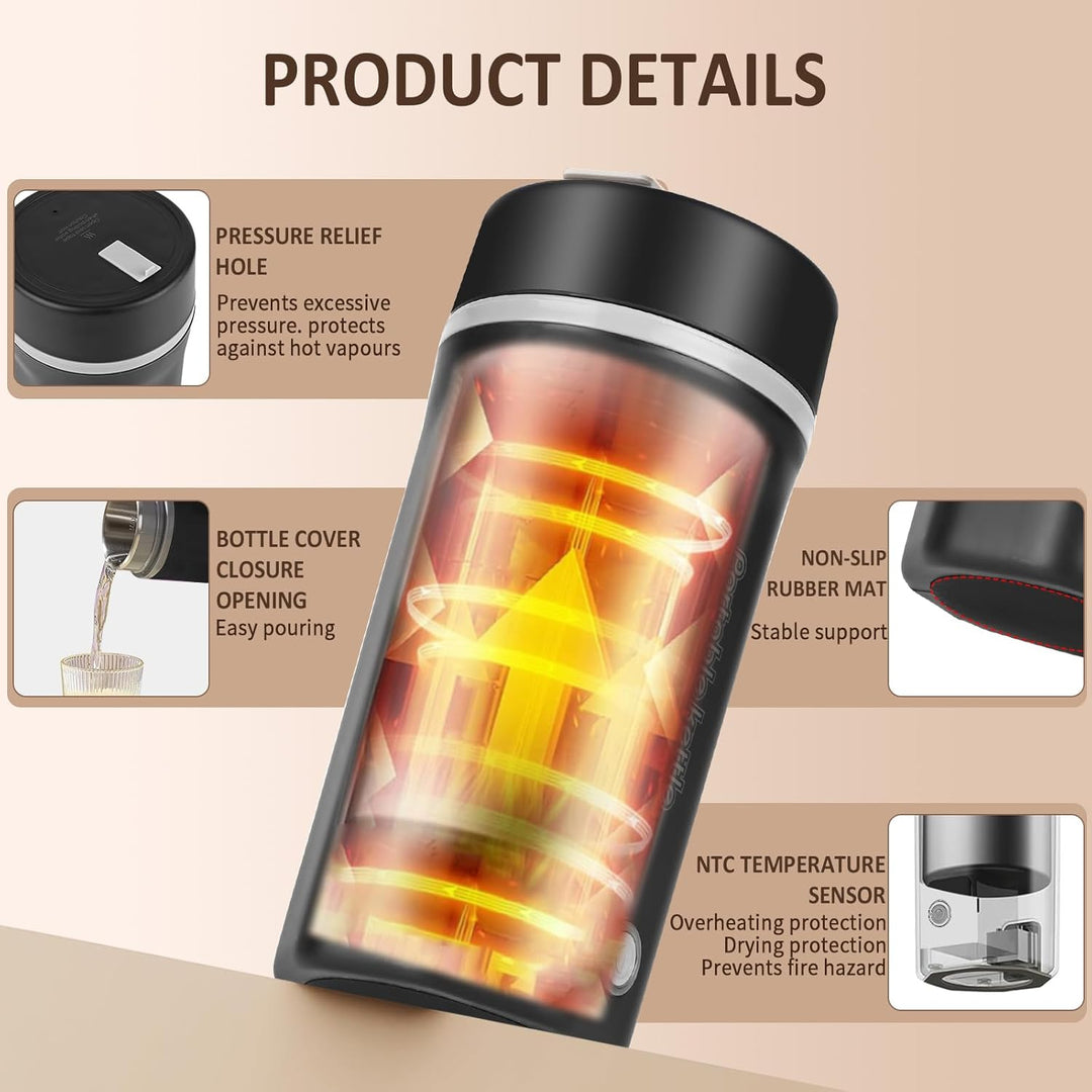 Reise Wasserkocher Klein Elektrische Wassertasse 500ML Tragbarer Mini-Heizbecher 304 Edelstahl Liner