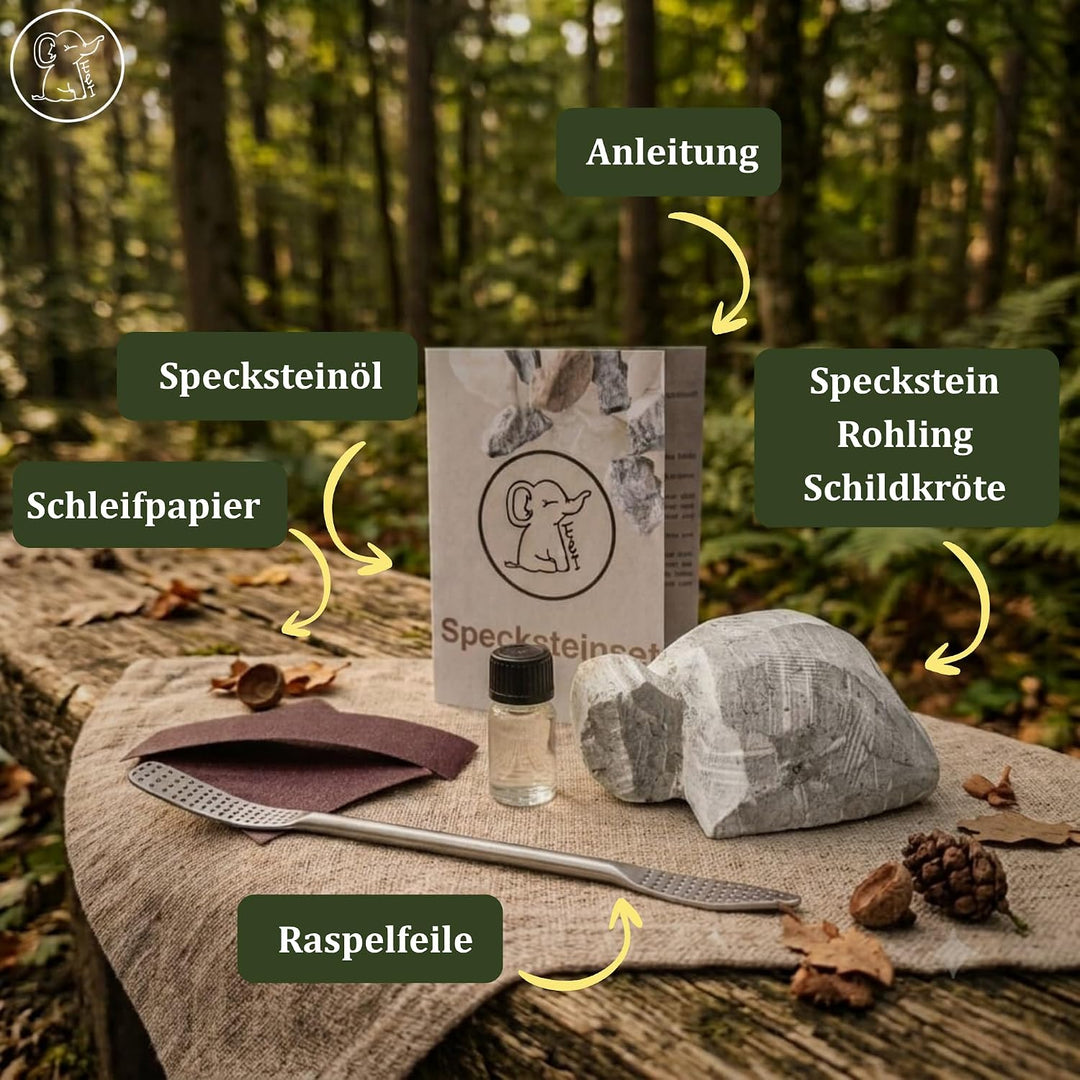 Eli® Speckstein Set - Schnitzset inkl. Schildkröte Rohling mit Werkzeug | Raspel - Schleifpapier - S