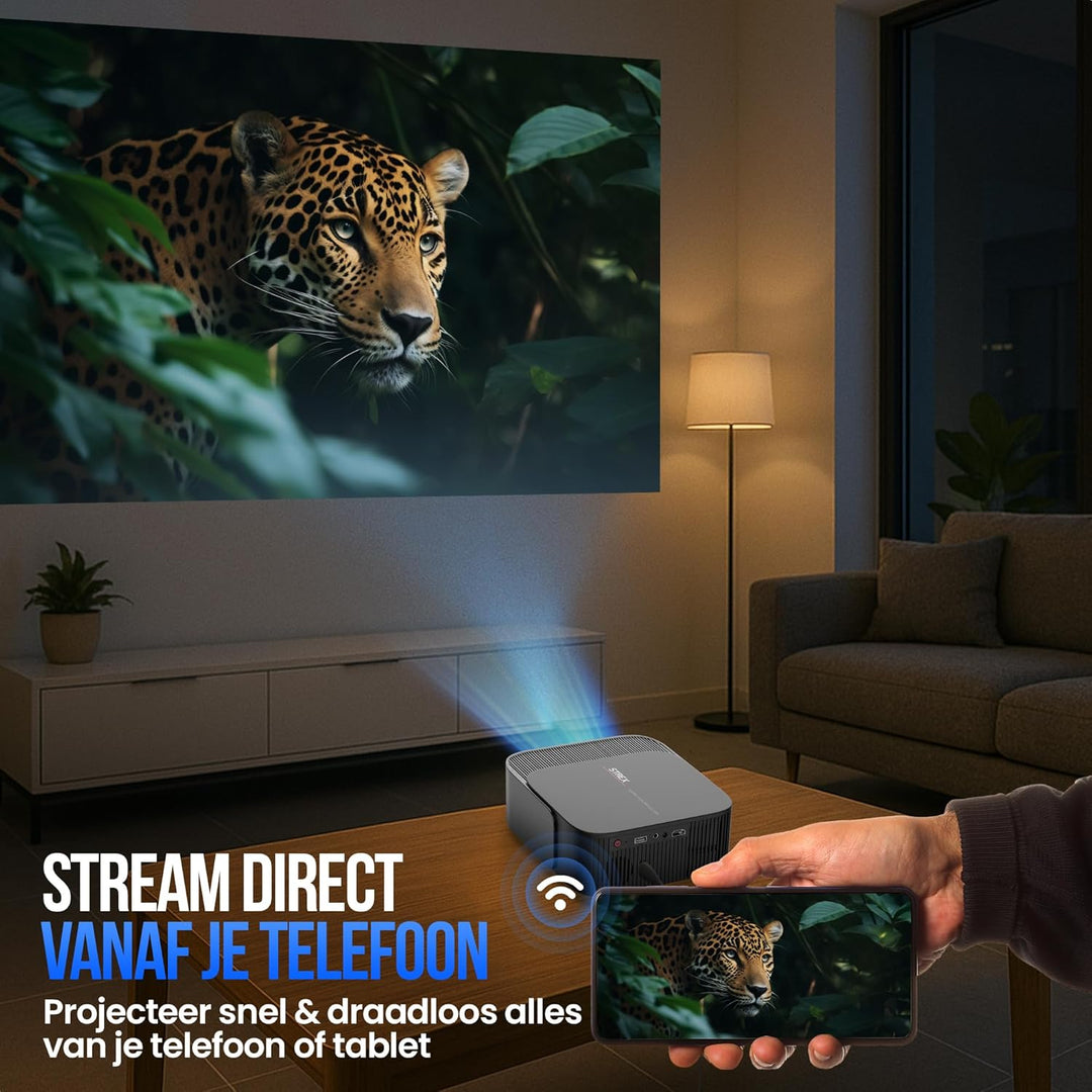 Strex Beamer - Smart 1080P Full HD Projektor - 4K Unterstützung - WiFi & Bluetooth - Eingebaute Laut