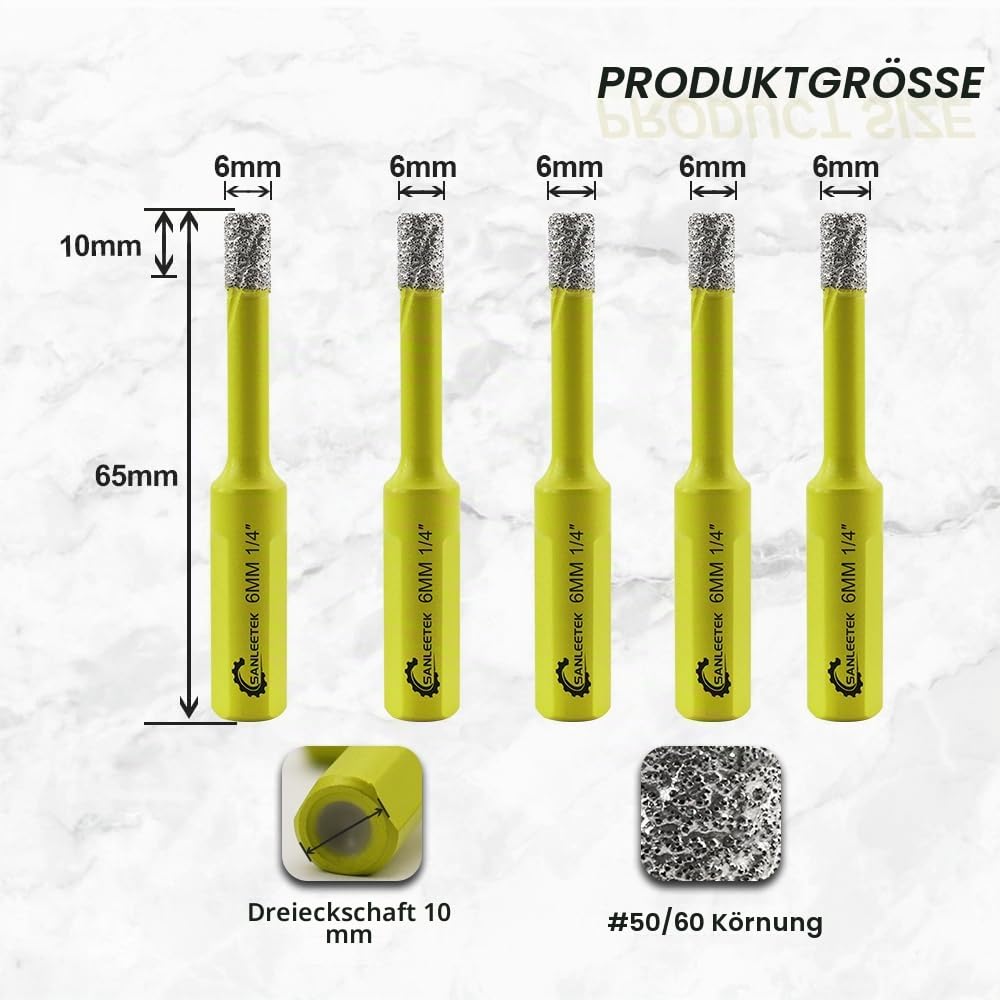 Trocken Diamant Bohrkrone 5 Stücke 6mm Fliesenbohrer mit Dreikant Schaft für Keramik Feinsteinzeug F