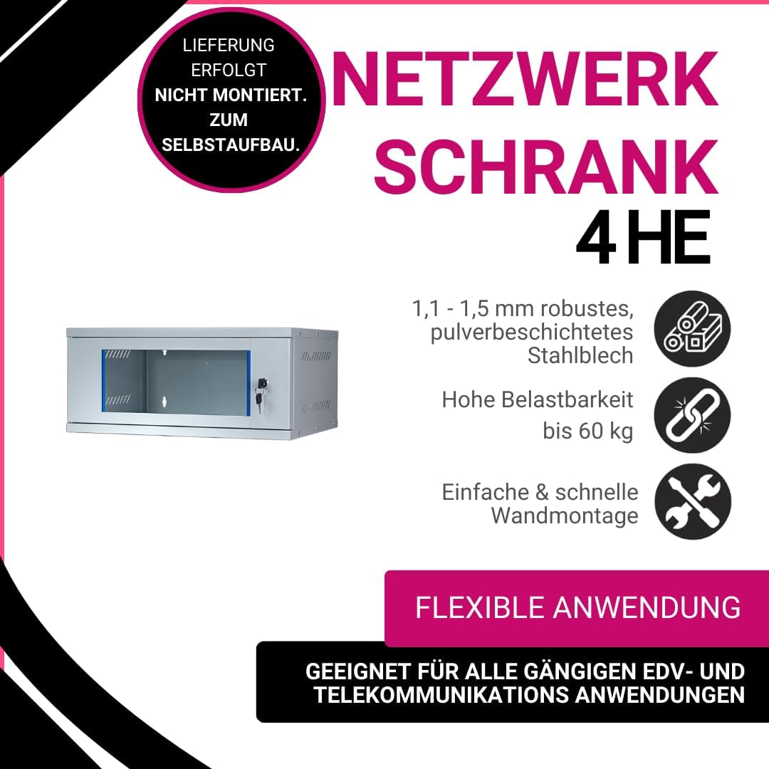 Netzwerkschrank 19 Zoll 4 HE I 400 mm Tiefe I Serverschrank Grau I Wandmontage I abschliessbare Glas