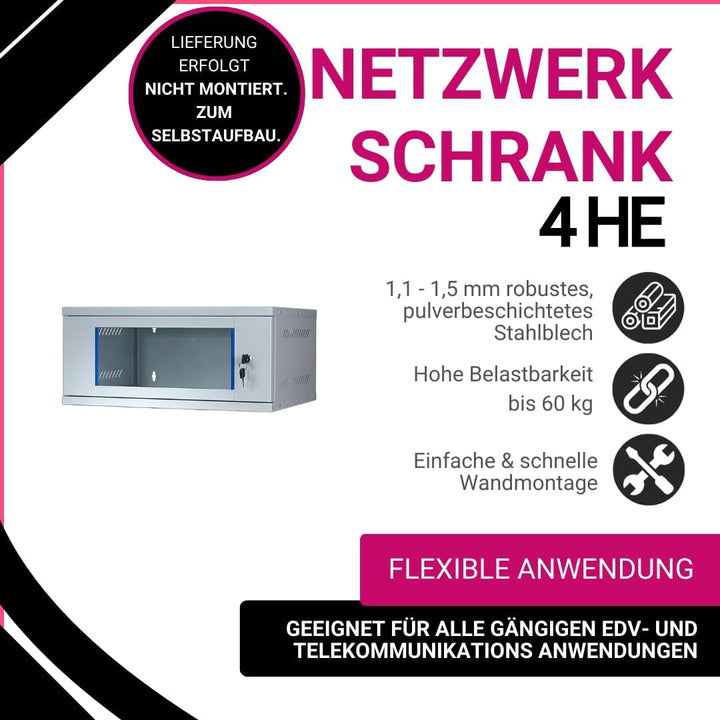 Netzwerkschrank 19 Zoll 4 HE I 400 mm Tiefe I Serverschrank Grau I Wandmontage I abschliessbare Glas