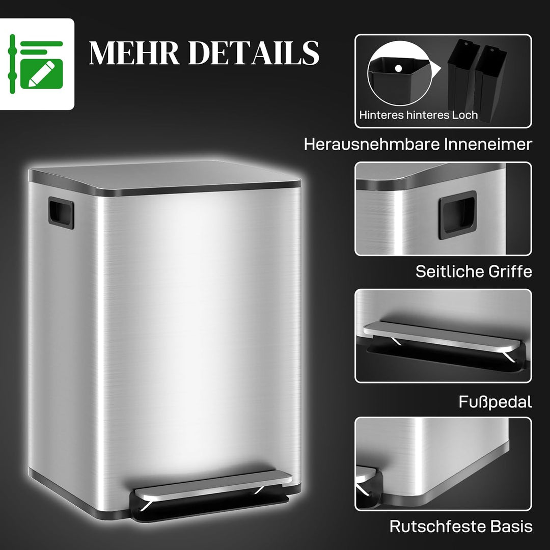 HOMCOM Mülleimer Küche 2x20 L Treteimer mit Softclose-Deckel Pedal Fingerabdruckfreie Edelstahl Müll