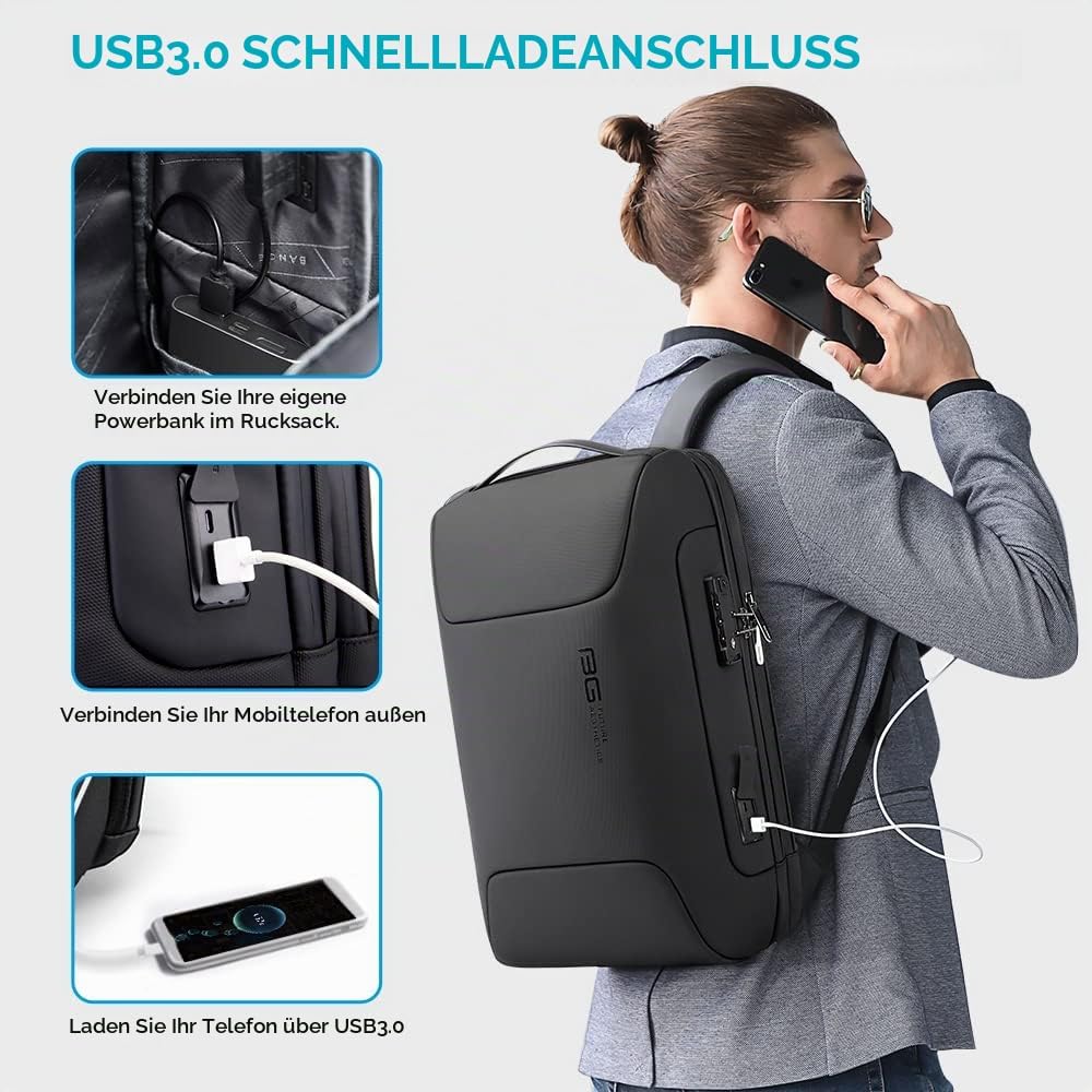 BANGE Anti-Diebstahl-Rucksack mit USB-Ladeanschluss, leichter Business-Rucksack für Damen und Herren