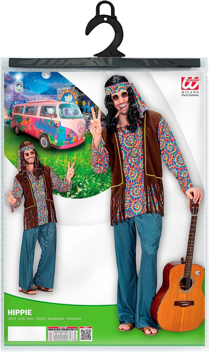 "PSYCHEDELIC HIPPIE MAN" (shirt with vest, pants, headband, necklace) - (M), M
