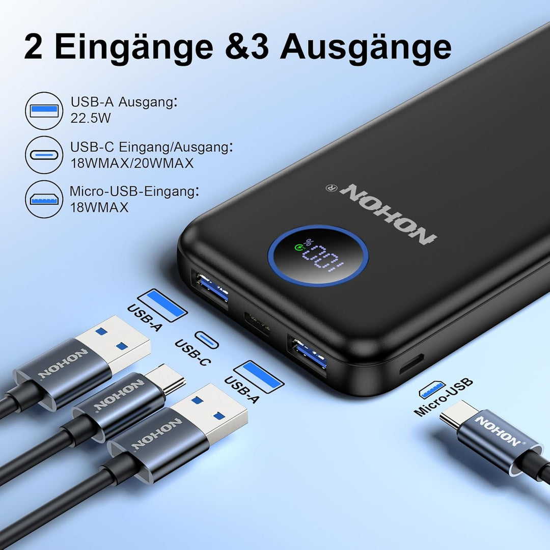 NOHON Powerbank 10000mAh Power Bank: 22,5W PD Fast Charging mit LED Display | USB-C Input & Output S