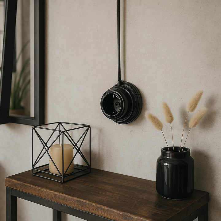 Aufputz Porzellan Retro Steckdose, All-in-One, Serie QR1 schwarz