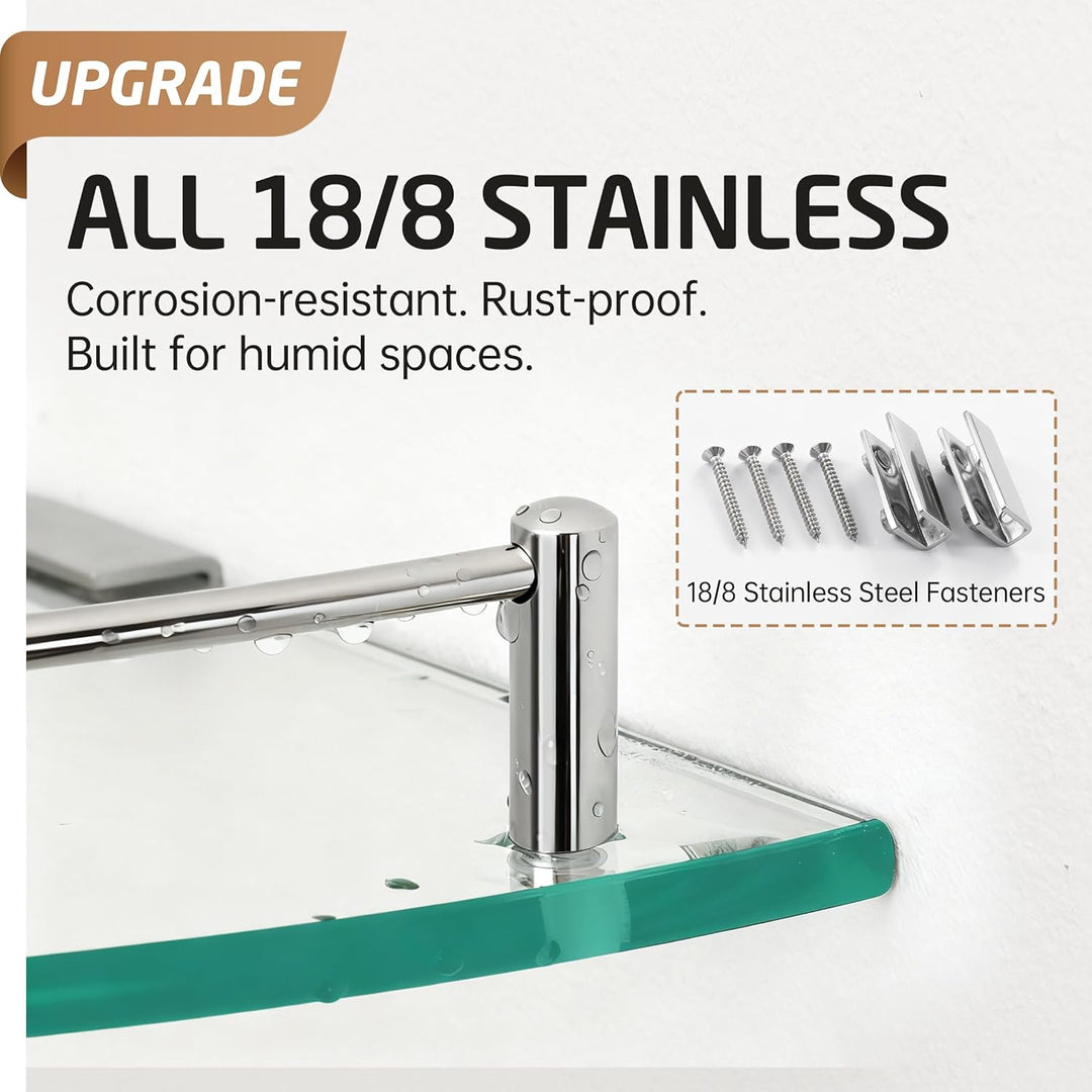 KES Glasregal Ecke mit 18/8 Edelstahl Haken, Hartglas Glasablage Badezimmer Wandregal Glas Glasregal