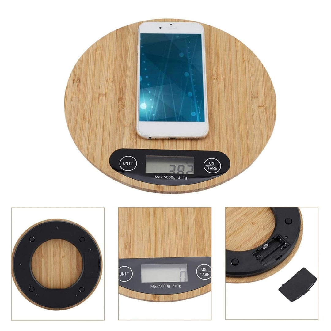 Küchenskala, 2 * AAA 5kg/1g Batterie Bambus Runde Elektrische Küchenwaage LED Anzeige, Digitale Küch