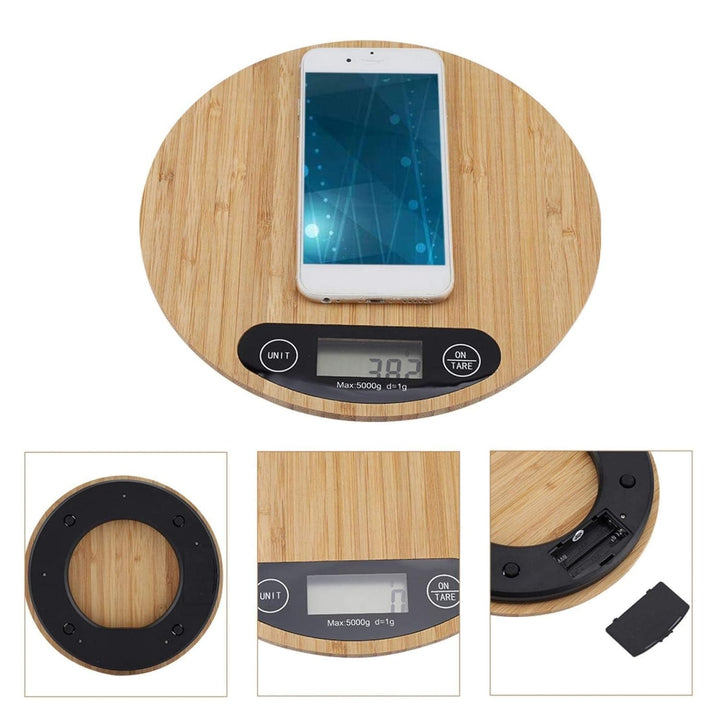Küchenskala, 2 * AAA 5kg/1g Batterie Bambus Runde Elektrische Küchenwaage LED Anzeige, Digitale Küch