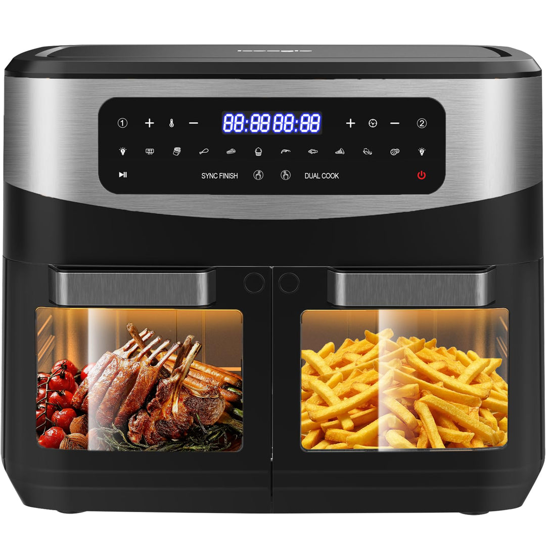Iceagle Heissluftfritteuse Doppelkammer Airfryer 12L - Heissluftfriteuse XXL Friteuse mit Sichtfenst