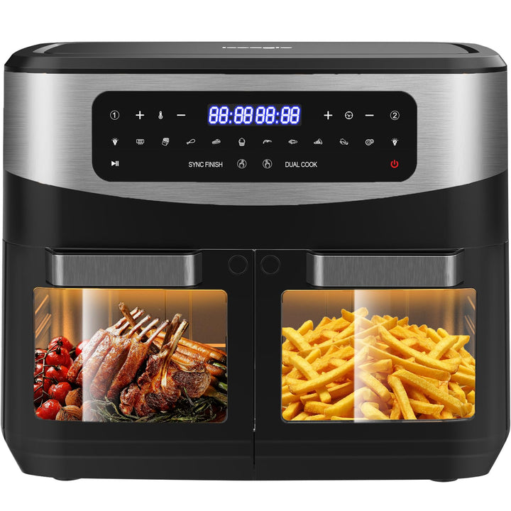 Iceagle Heissluftfritteuse Doppelkammer Airfryer 12L - Heissluftfriteuse XXL Friteuse mit Sichtfenst
