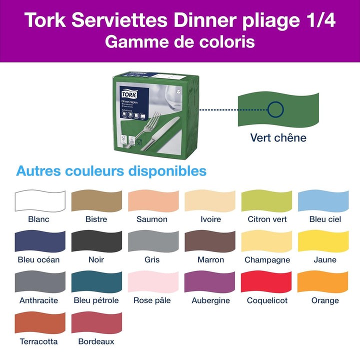 Tork Serviette Dinner vert foncé, pliage 1/4 2 plis, 40 cm x 39 cm, 12 x 150 serviettes, 478757 Dunk
