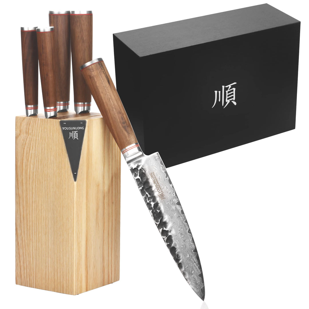 YOUSUNLONG Küchenmesser-Set - 5-teilig - mit amerikanischem Fraxinus-Holzhalter - japanische VG10-Da