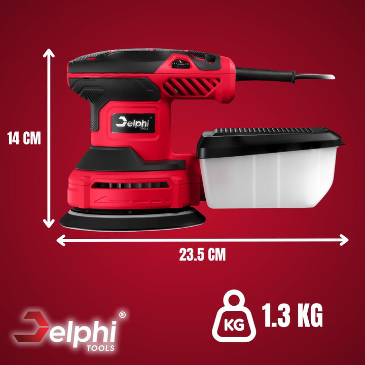 Delphi Exzenterschleifer 125mm mit Absaugung und 20 Schleifpapieren - Exenterschleifmaschine 300W mi