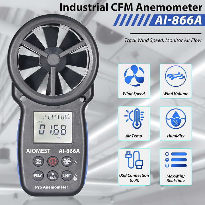 AIOMEST Windmesser, Digital Anemometer Windmesser Windmessgerät Handheld, AI-866A Windmesser CFM Win