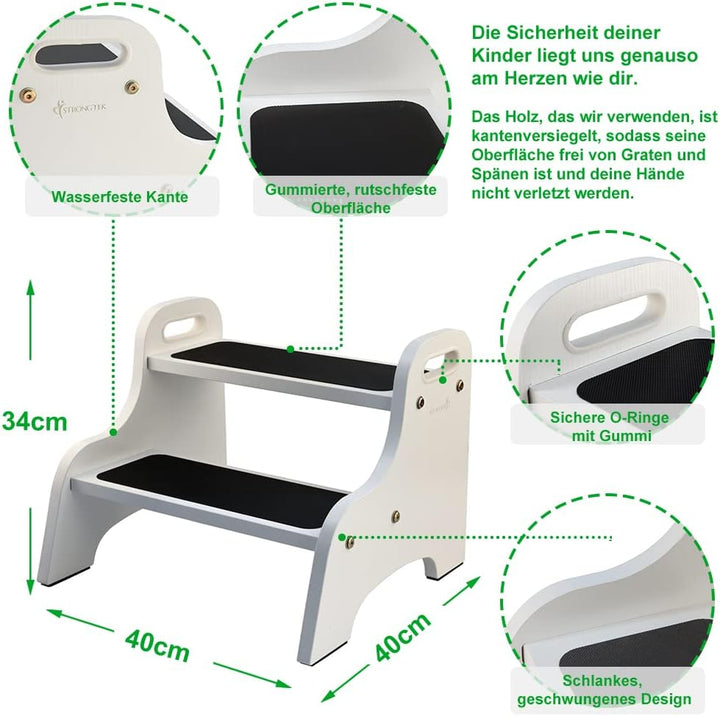 StrongTek Wood 2 Tritthocker für Kinder mit Rutschfester Trittfläche, tragbaren Griffen, rutschfeste
