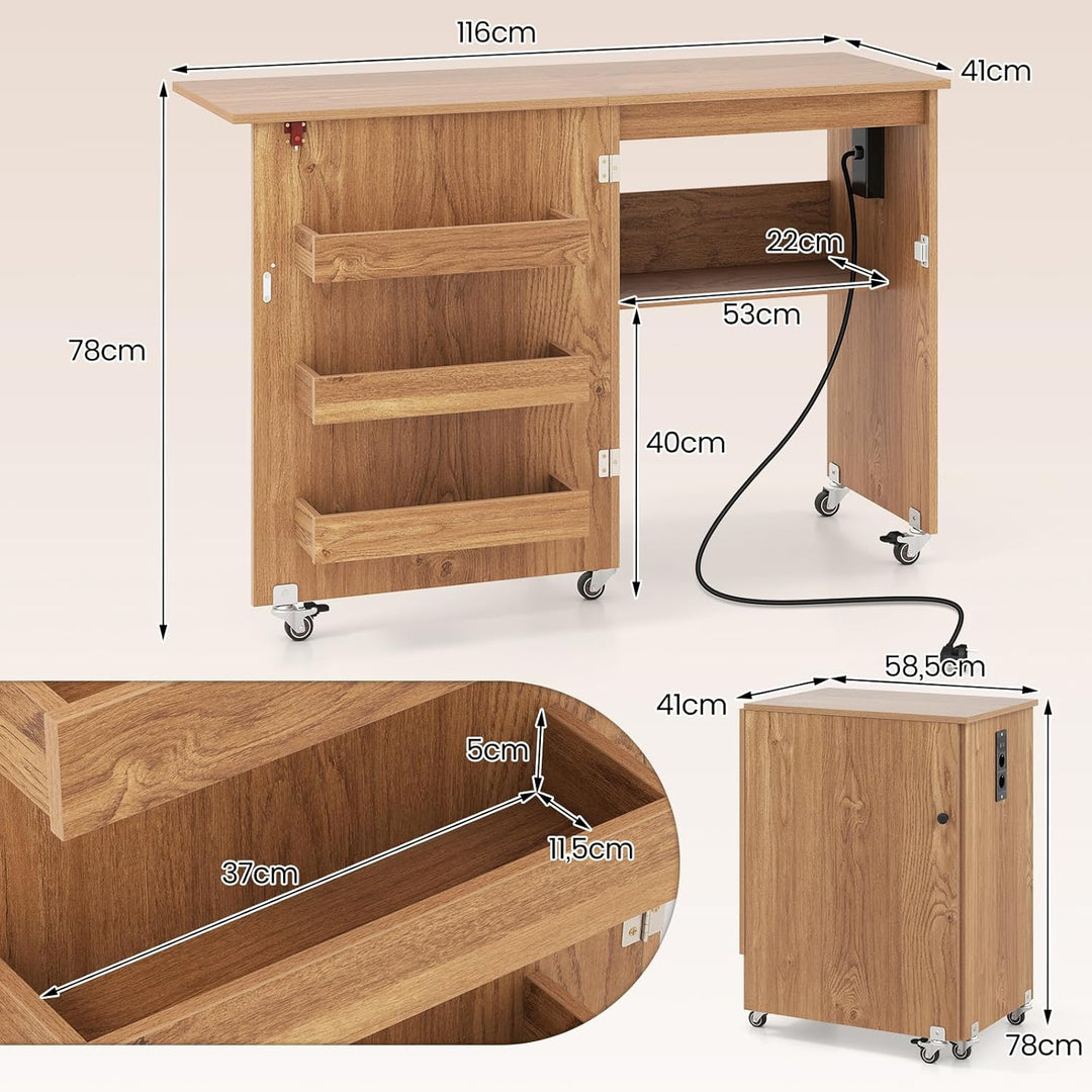 COSTWAY 2 in 1 Nähtisch klappbar mit Ladestation, Nähmaschinenschrank aus Holz mit Regalen, Nähschra