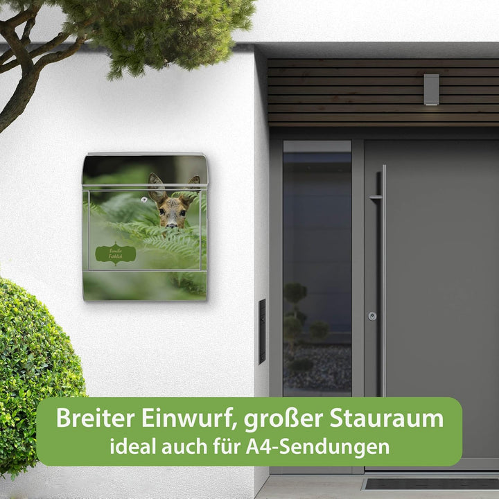 banjado® Design Briefkasten personalisiert mit Motiv REH 39x47x14cm & 2 Schlüssel/Briefkasten Stahl