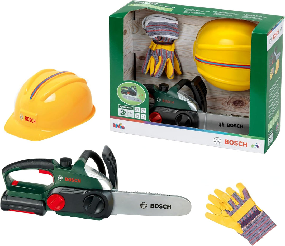 Theo Klein 8456 Bosch Werker-Set I Robuste Kettensäge mit Licht und Sound I Hochwertiger Helm und Ar