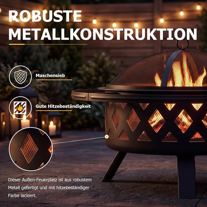 Aoxun Feuerschale mit Grill, 2-in-1 Feuerstelle Garten mit Funkenschutz und 360° Schwenkgrill, Outdo