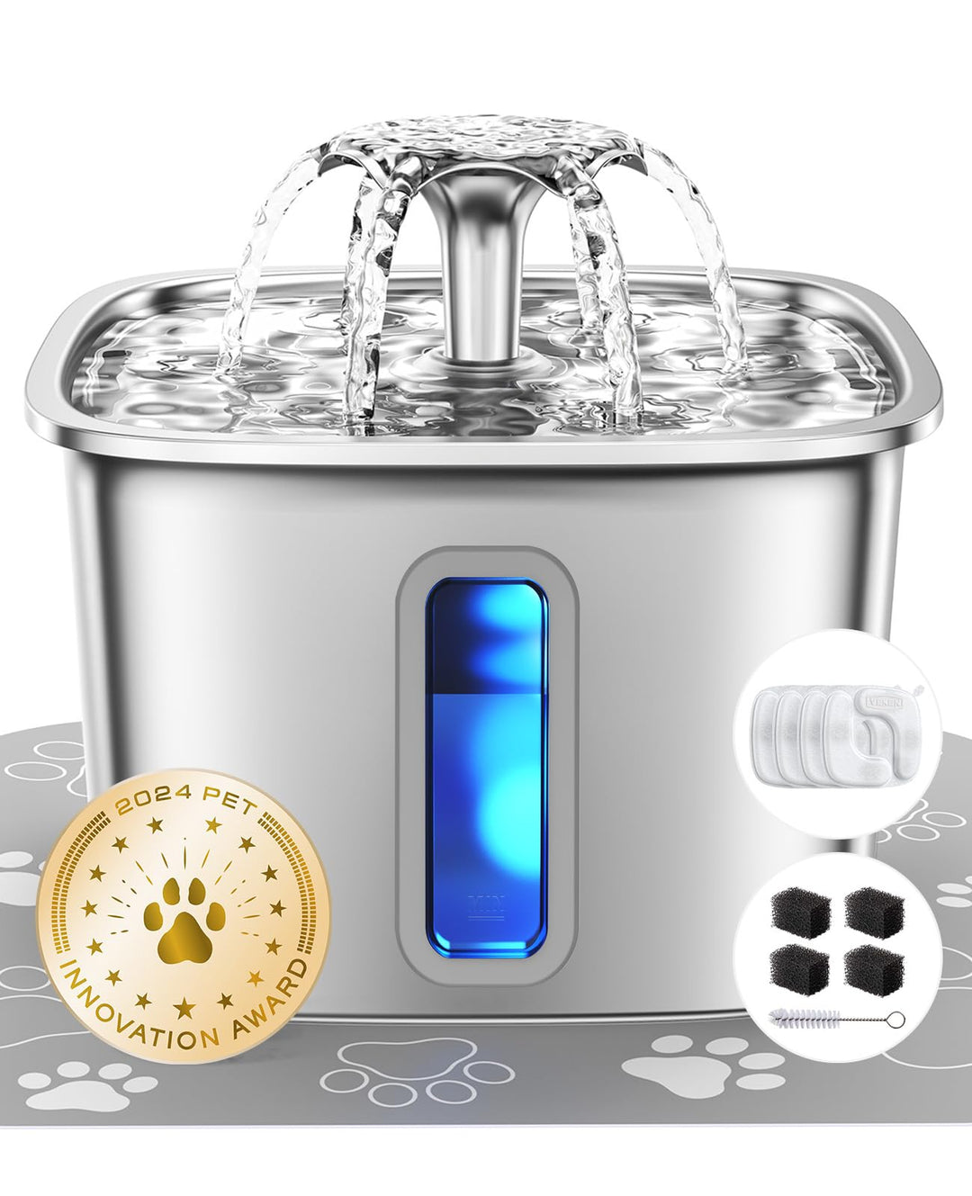 Veken Edelstahl-Katzenbrunnen, Gewinner des Innovation Award, 3,2 L Automatischer Trinkbrunnen für K