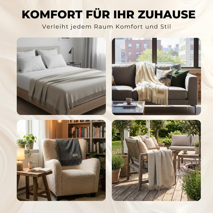 menique Milan 100% Wolldecke, Dicke Weiche Kuscheldecke Fransen Dunkelgrau | Warme Sofa- und Couchde