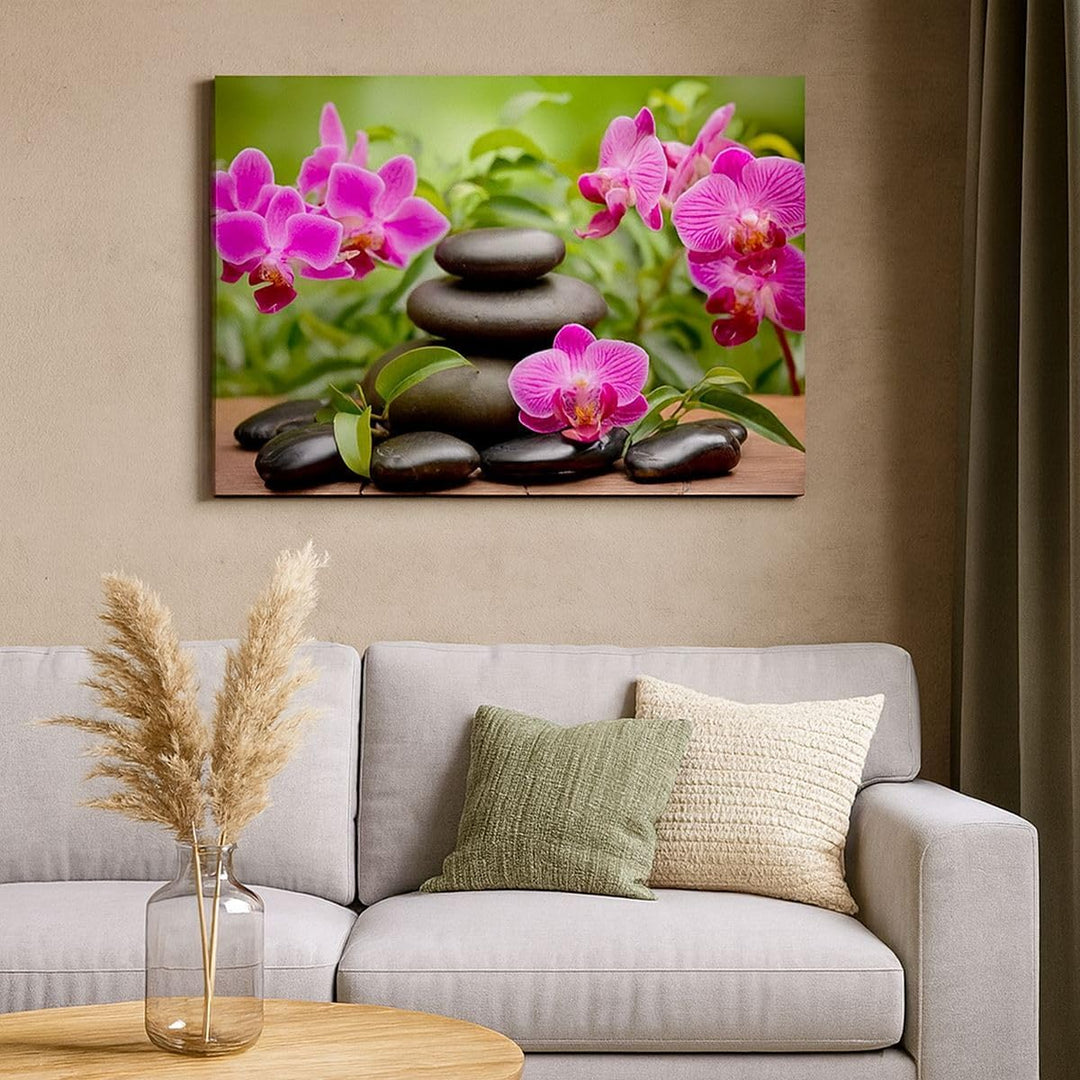 Bilder auf Leinwand 100x70cm Leinwandbild Blumen Steine Bambus Dekoration Gross Wanddeko Bild Schlaf
