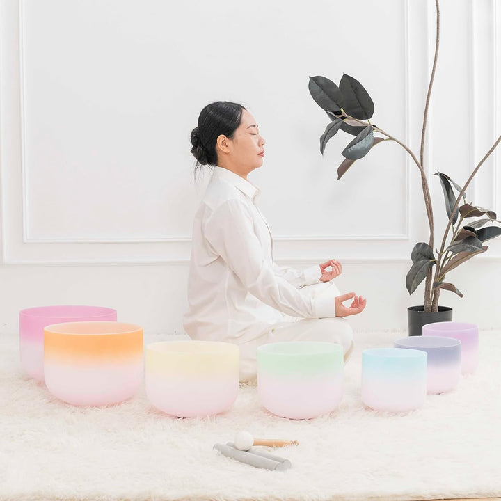 Hye-eun Kristall Klangschale Set, 7-pcs 6zoll-12zoll Regenbogen-Gradient 432Hz Klangschalen Quarzkri