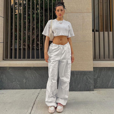 FYMNSI Damen Cargo Hose Cargohose Baggy Hose y2k Track Pants Niedrige Taille Locker Lange Hosen Stre