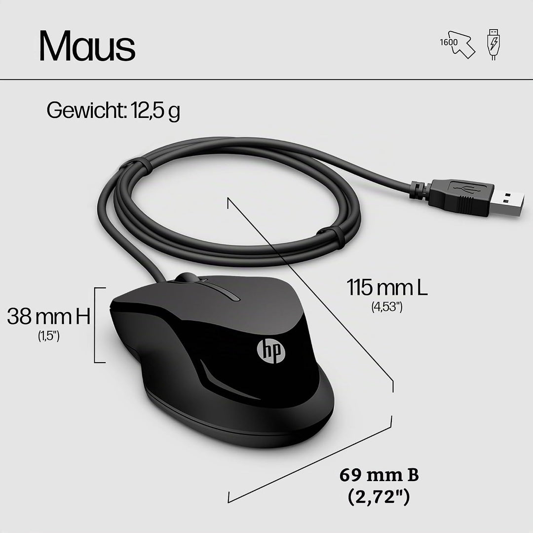 HP Pavilion Kombi Tastatur und Maus 200 (QWERTZ, kabelgebunden, 1.600 DPI, USB-Anschluss) schwarz