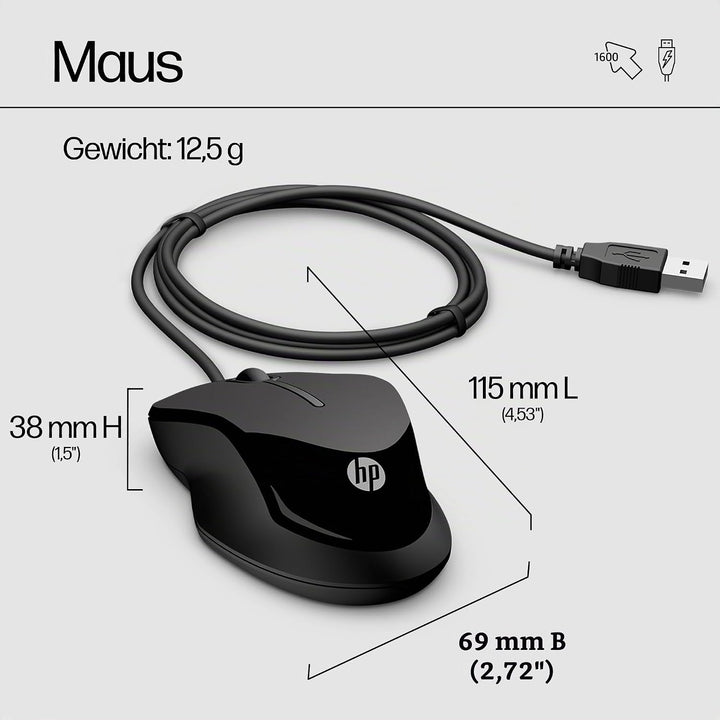 HP Pavilion Kombi Tastatur und Maus 200 (QWERTZ, kabelgebunden, 1.600 DPI, USB-Anschluss) schwarz