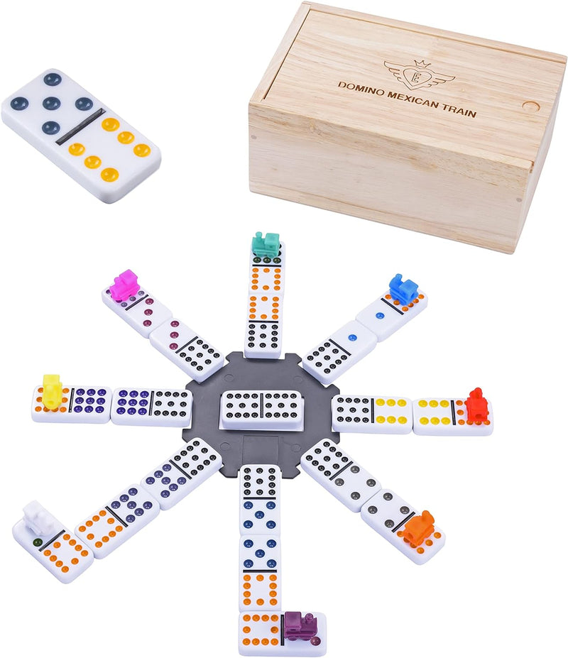 Engelhart - Domino Mexican Train/Zug -Premium- Qualität - Dobbel 12-2-8 Spieler - 91 farbige Dominos